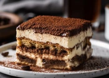 Tiramisù em um prato branco.
