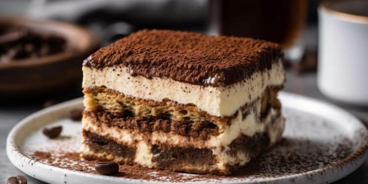 Tiramisù em um prato branco.