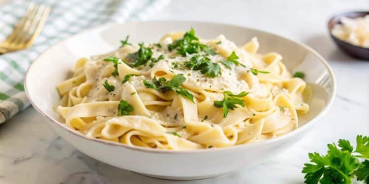 Prato de macarrão com molho branco.