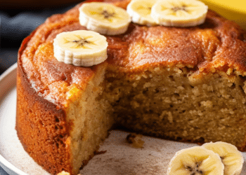 Imagem de bolo de banana com bananas decorando